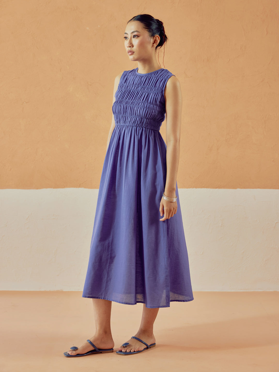 FIORRA Women's Lavender Solid Linen Midi Dress