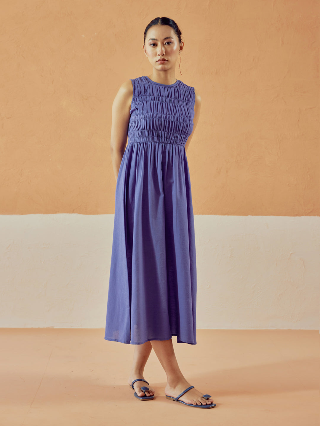 FIORRA Women's Lavender Solid Linen Midi Dress