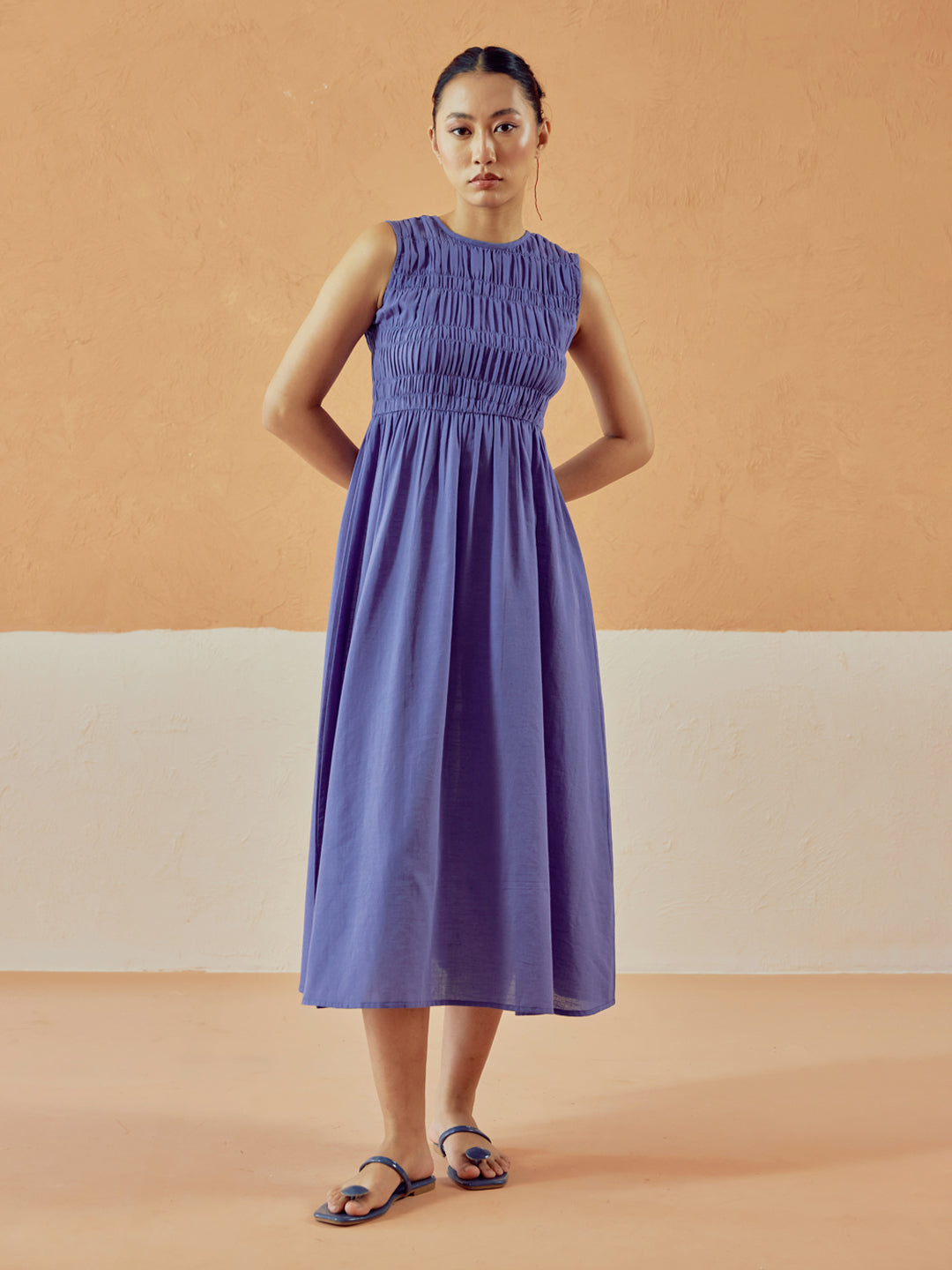 FIORRA Women's Lavender Solid Linen Midi Dress