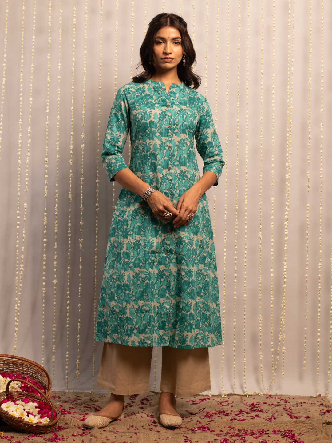 FIORRA Women's Floral Printed Teal Green Cotton A-Line Kurta
