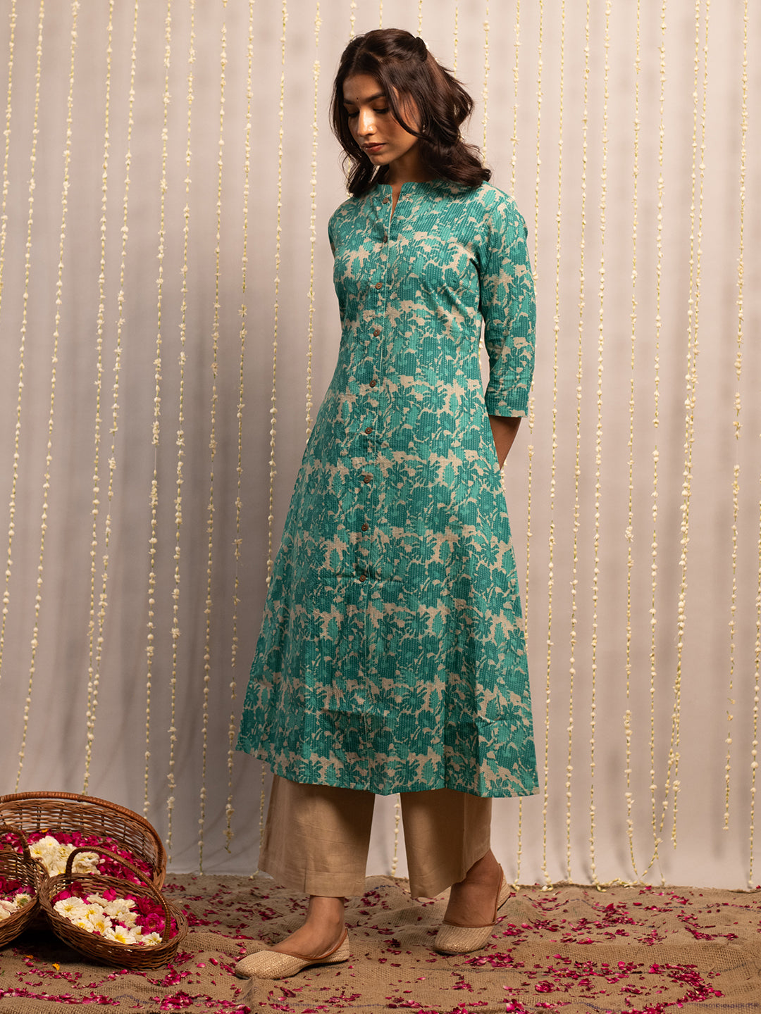 FIORRA Women's Floral Printed Teal Green Cotton A-Line Kurta