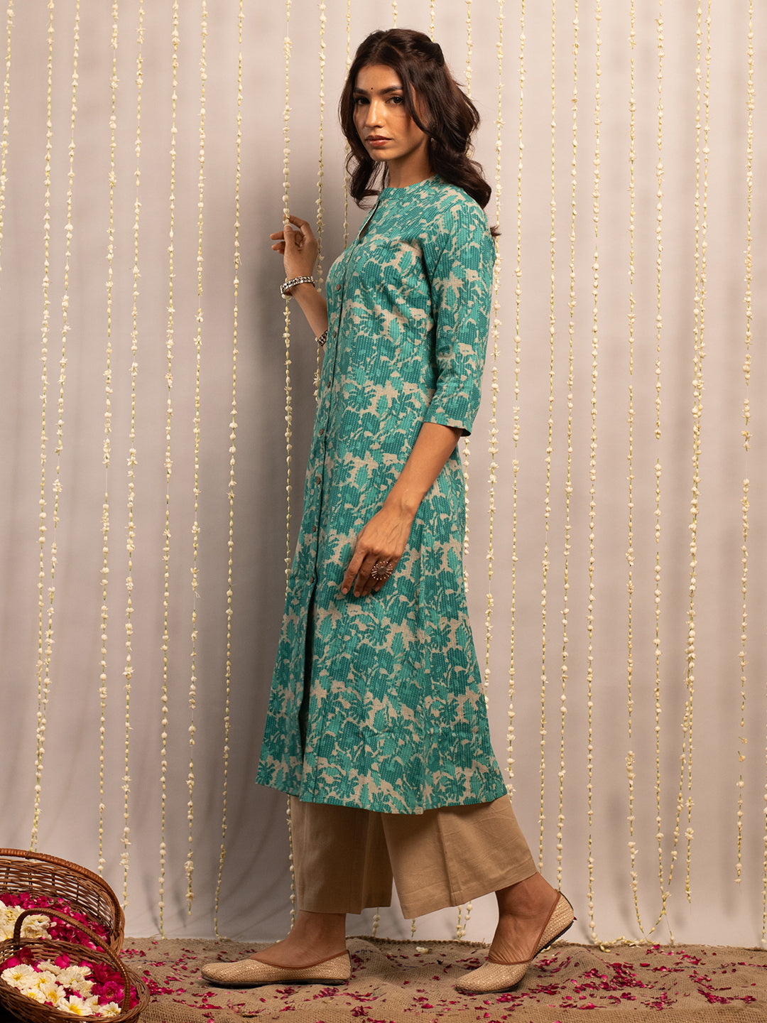 FIORRA Women's Floral Printed Teal Green Cotton A-Line Kurta