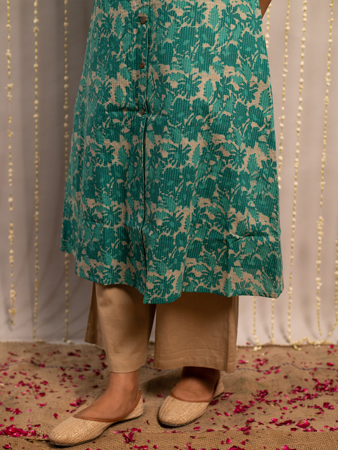 FIORRA Women's Floral Printed Teal Green Cotton A-Line Kurta