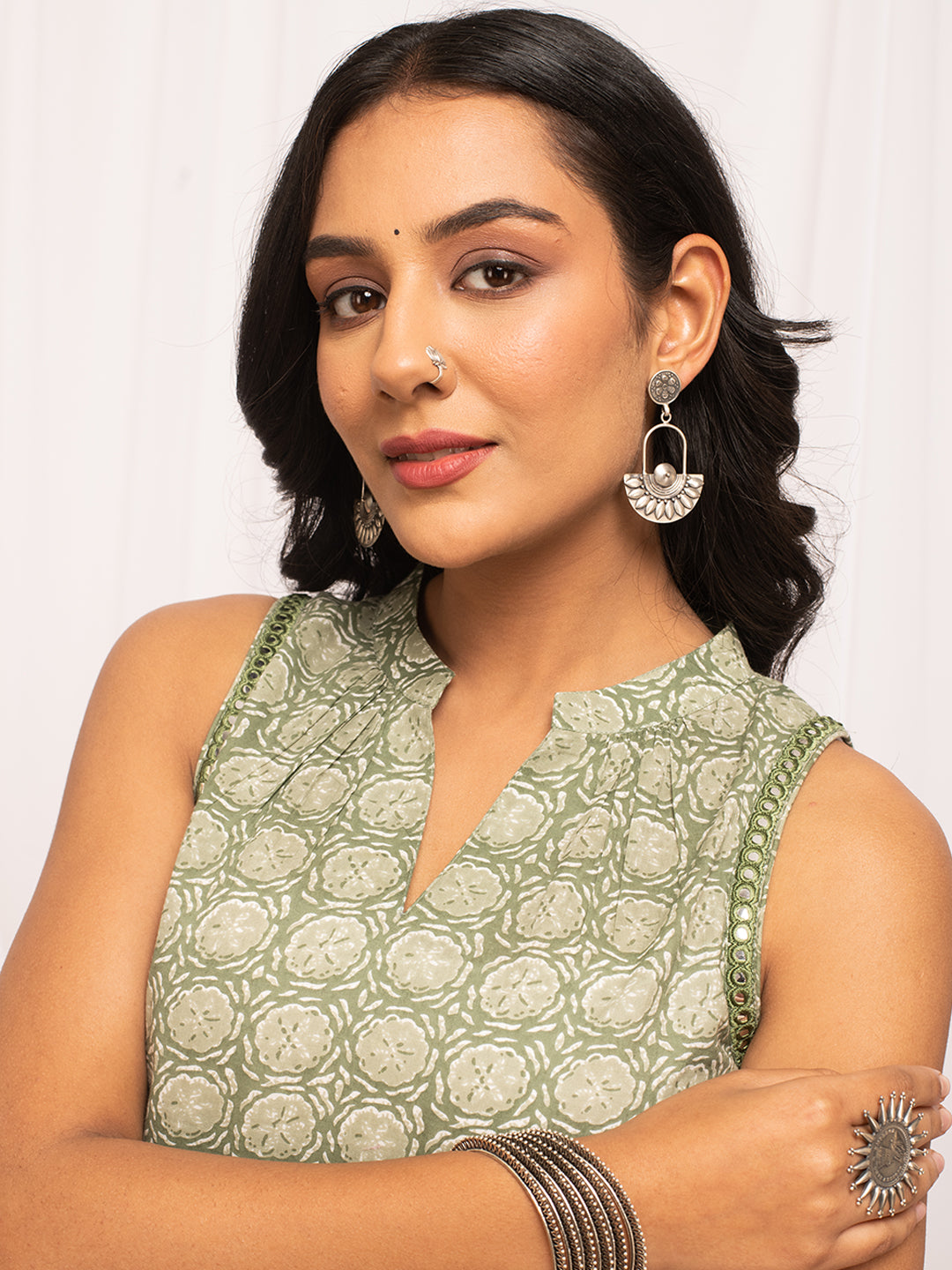 FIORRA Women's Light Green Floral Printed Cotton Straight Kurta