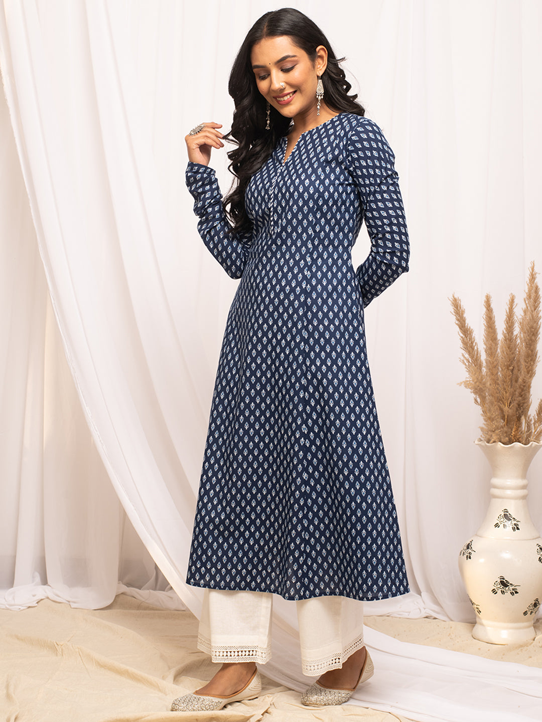 FIORRA Women's Floral Printed Navy Blue Cotton A-Line Kurta