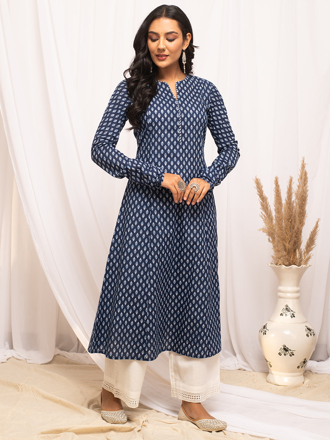 FIORRA Women's Floral Printed Navy Blue Cotton A-Line Kurta