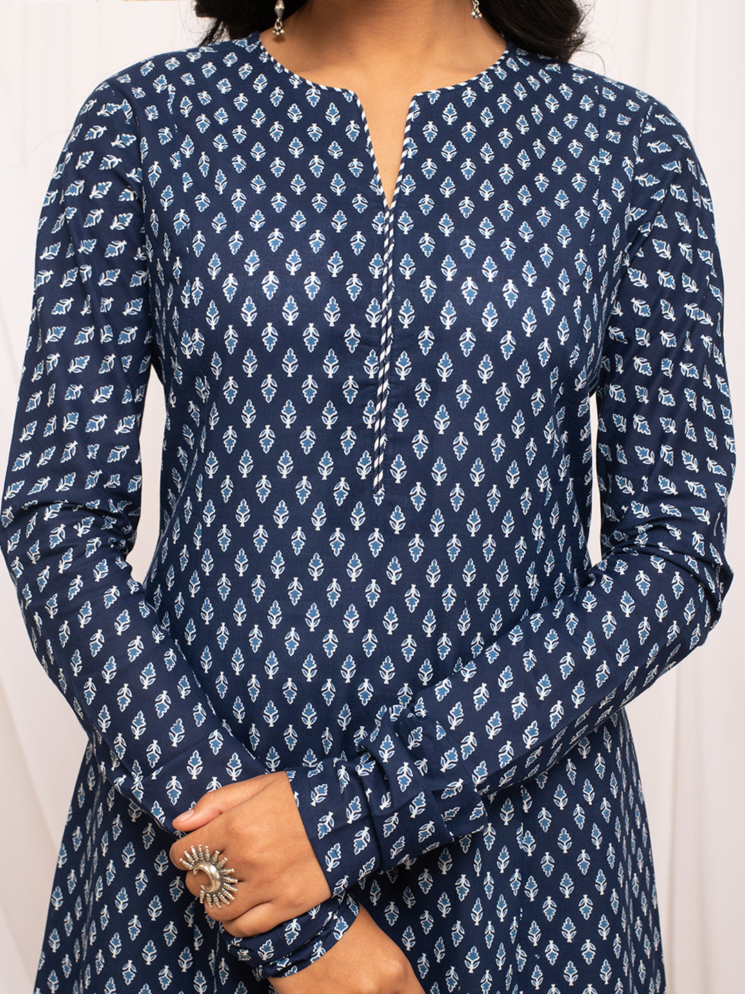 FIORRA Women's Floral Printed Navy Blue Cotton A-Line Kurta