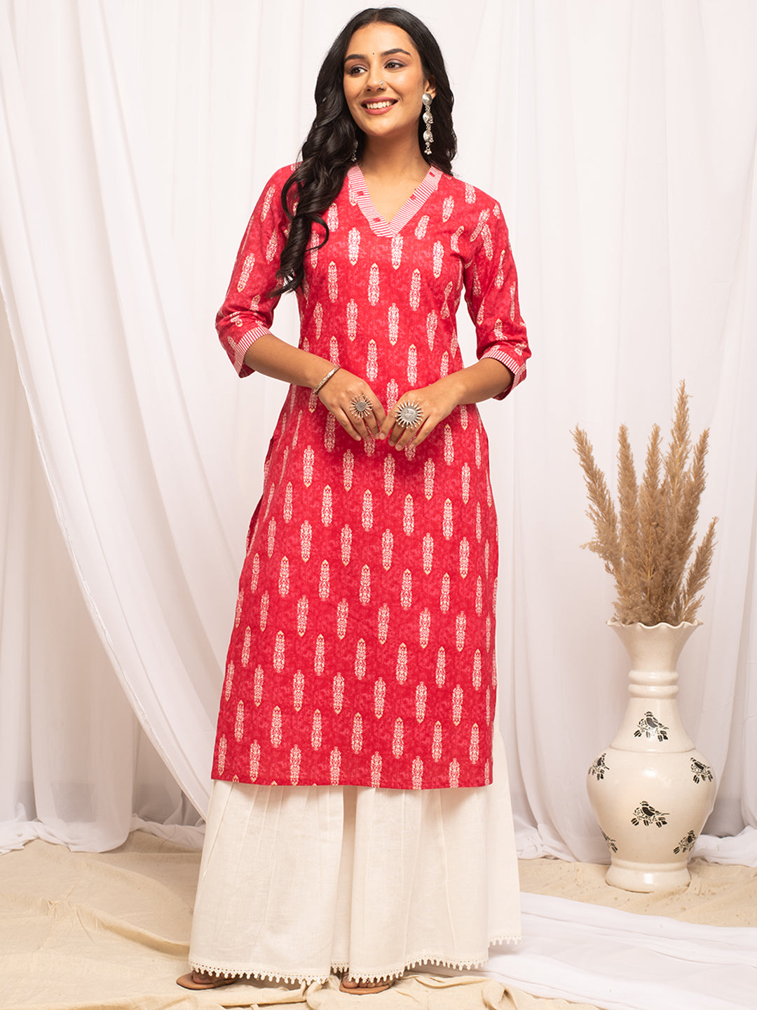 FIORRA Women's Rani Pink Leaf Printed Cotton Straight Kurta