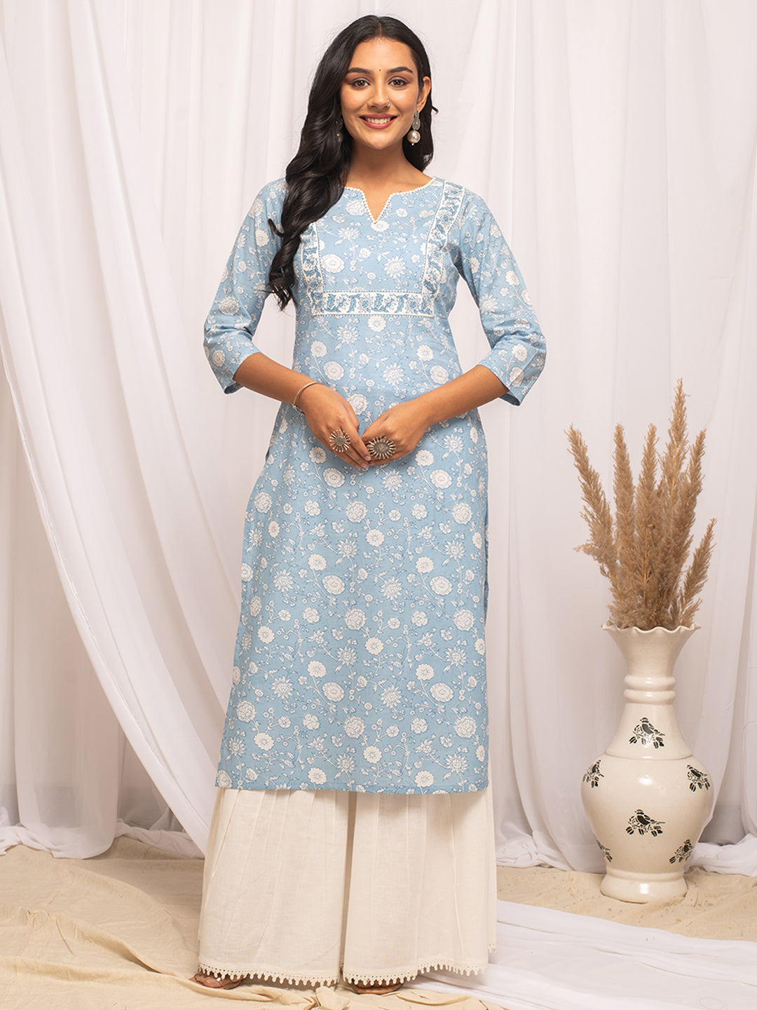 FIORRA Women's Floral Printed Sky Blue Cotton Straight Kurta