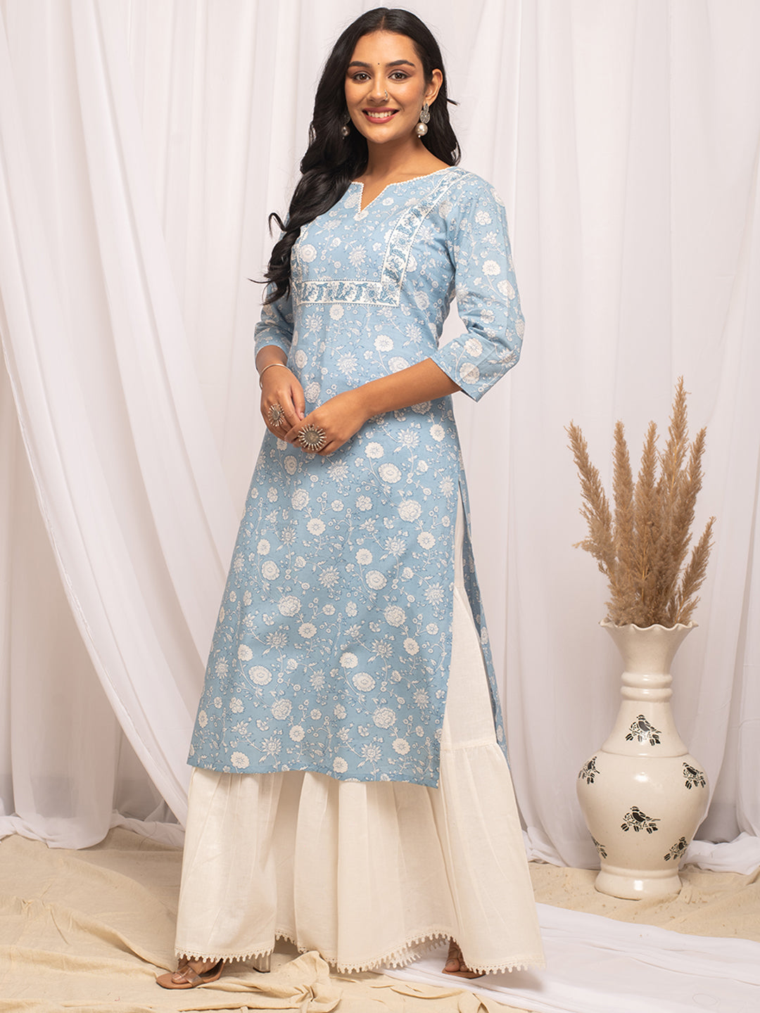 FIORRA Women's Floral Printed Sky Blue Cotton Straight Kurta