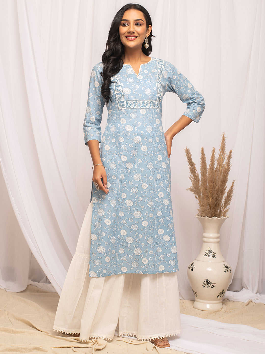 FIORRA Women's Floral Printed Sky Blue Cotton Straight Kurta