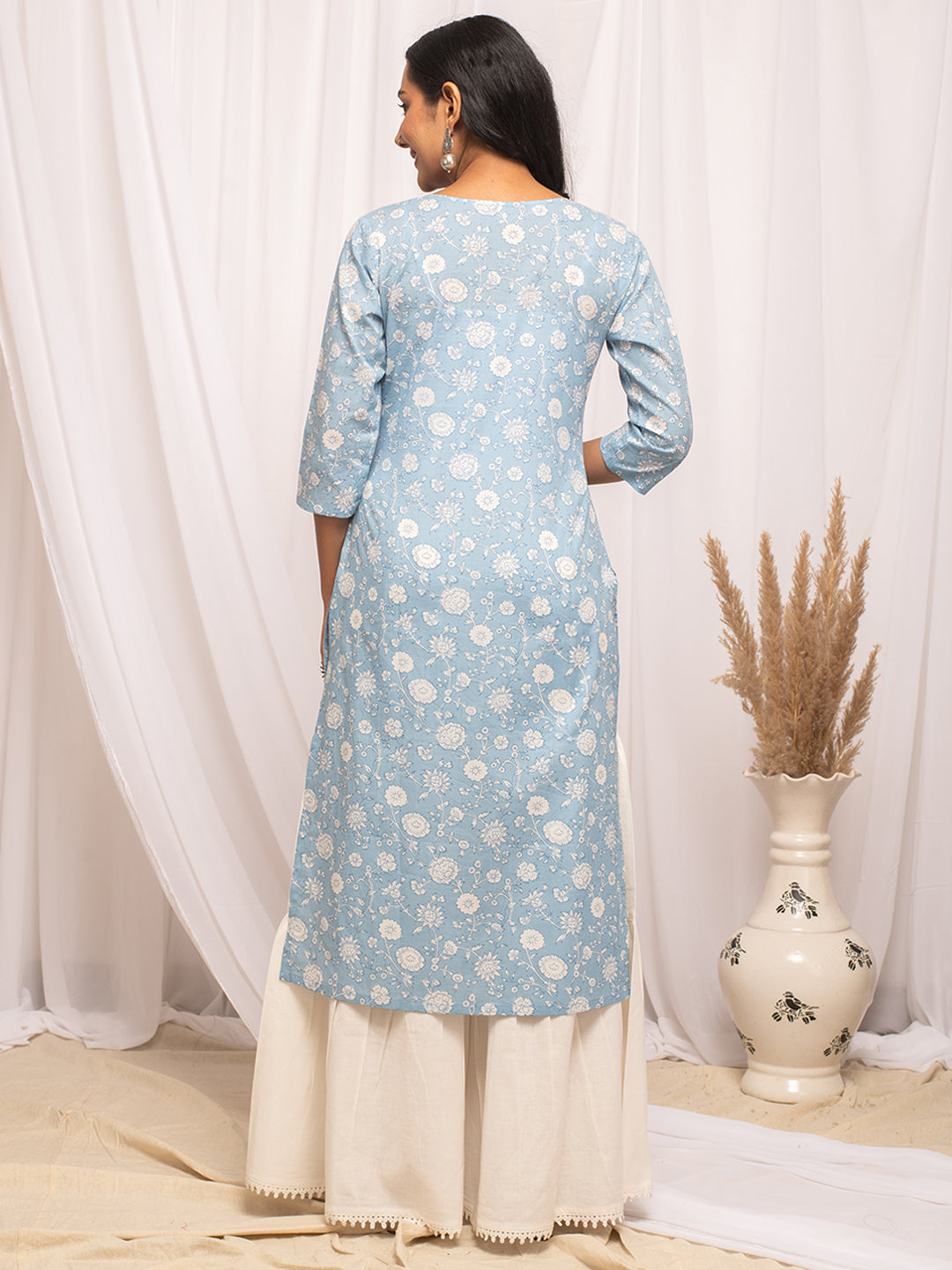 FIORRA Women's Floral Printed Sky Blue Cotton Straight Kurta