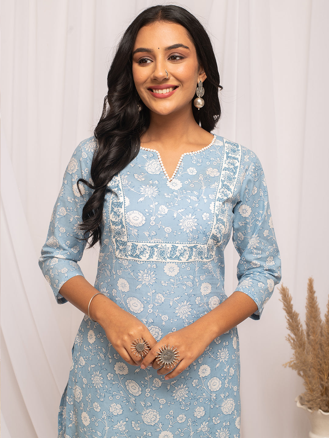 FIORRA Women's Floral Printed Sky Blue Cotton Straight Kurta