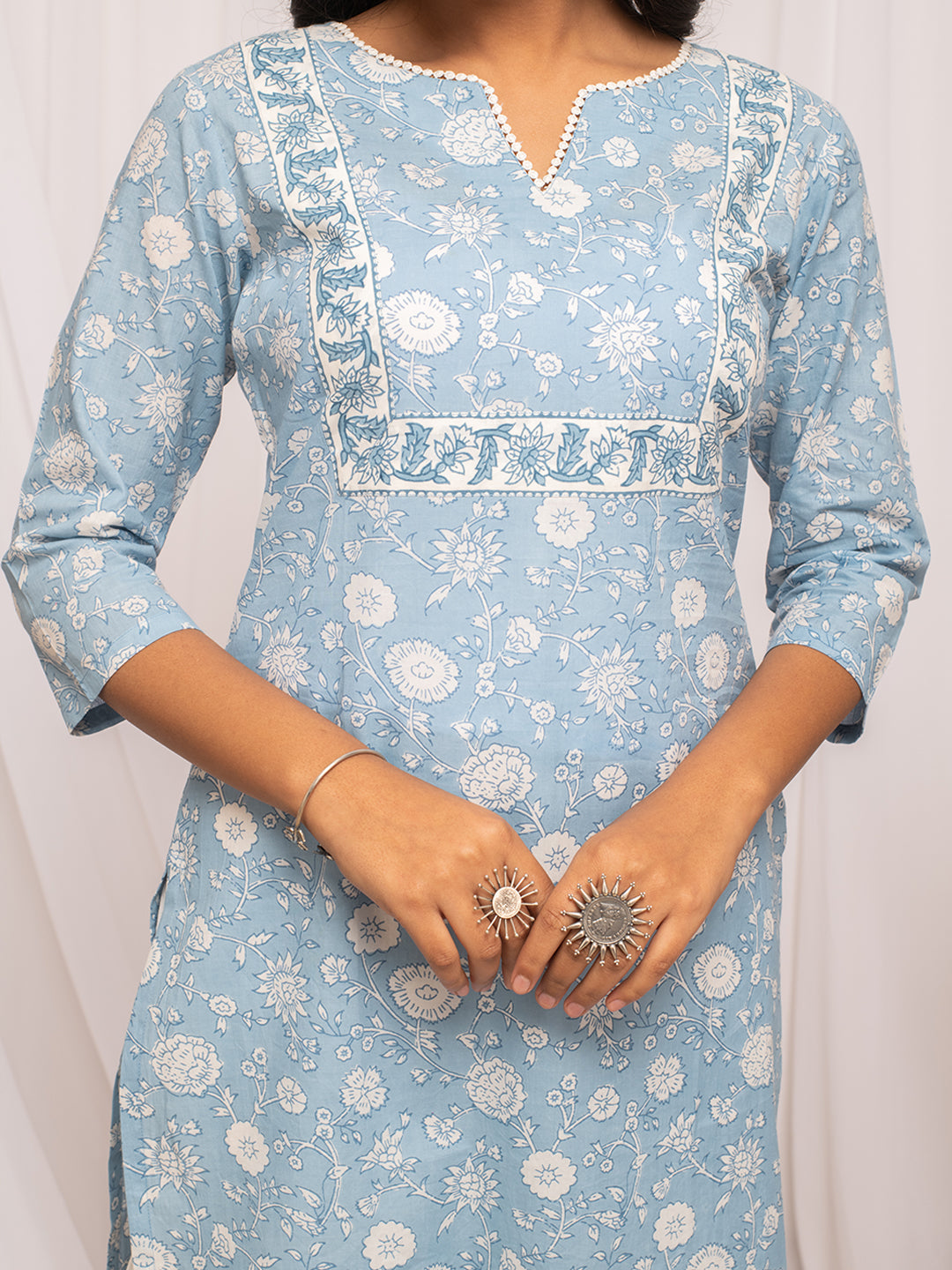 FIORRA Women's Floral Printed Sky Blue Cotton Straight Kurta