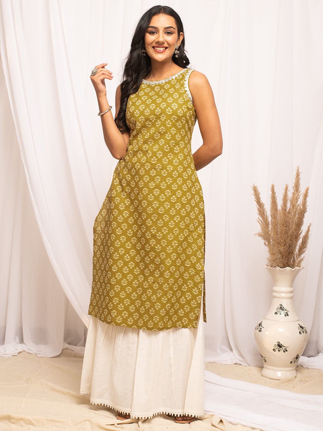 FIORRA Women's Floral Printed Yellow Cotton Straight Kurta