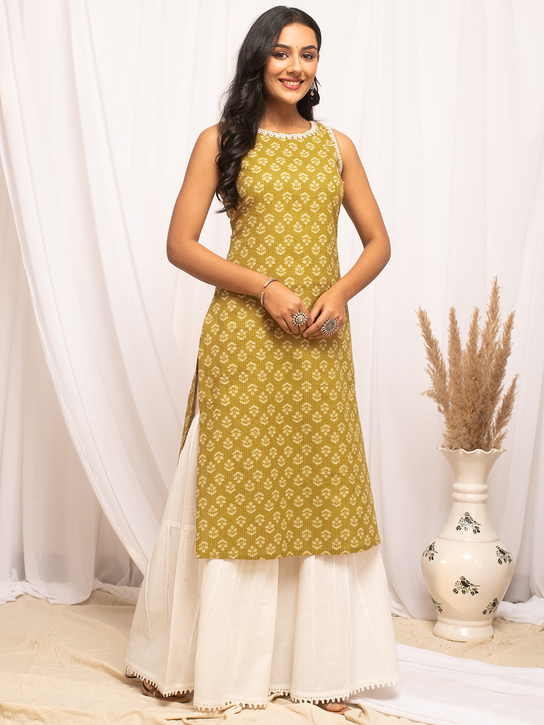 FIORRA Women's Floral Printed Yellow Cotton Straight Kurta