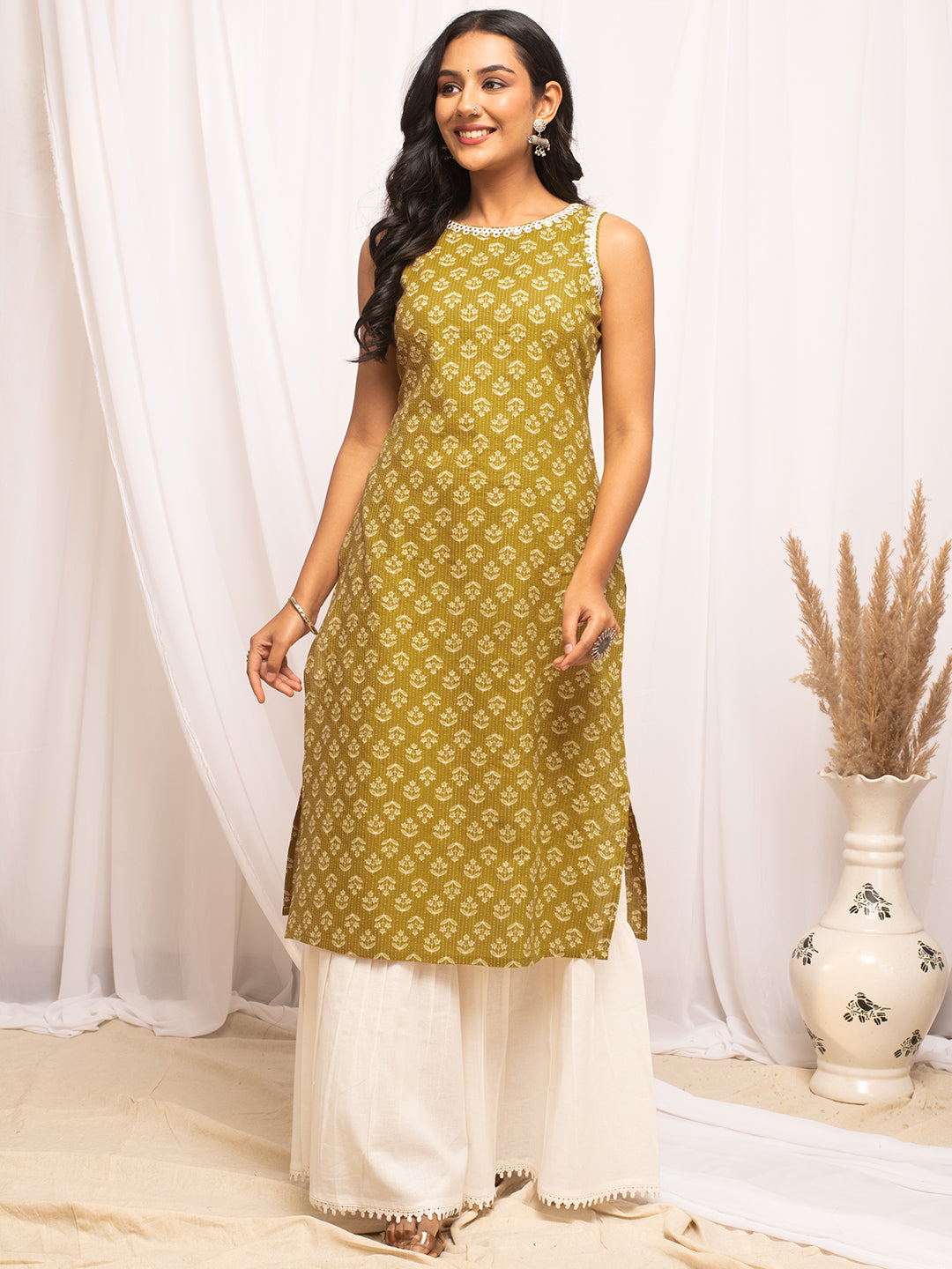 FIORRA Women's Floral Printed Yellow Cotton Straight Kurta