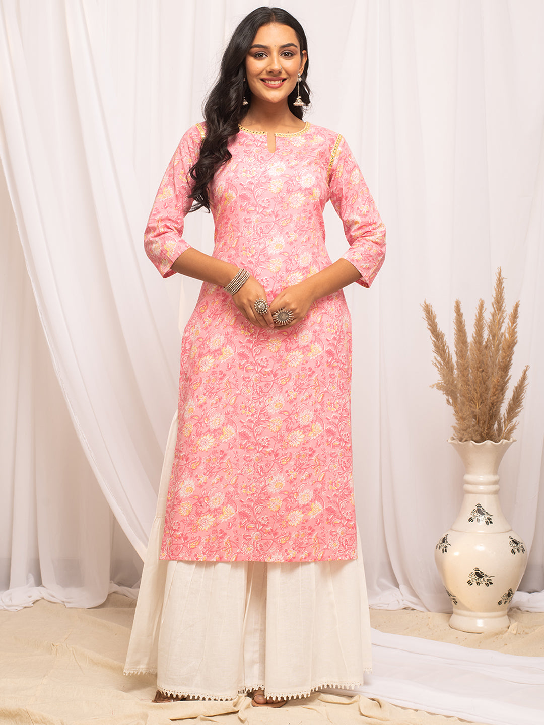 FIORRA Women's Floral Printed Peach Cotton Straight Kurta