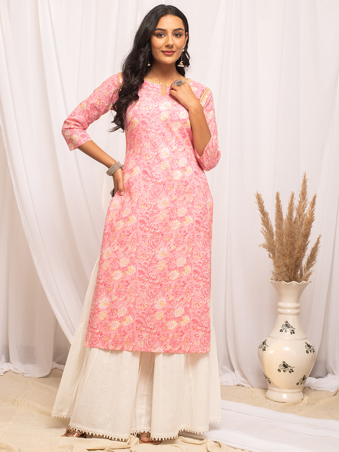 FIORRA Women's Floral Printed Peach Cotton Straight Kurta