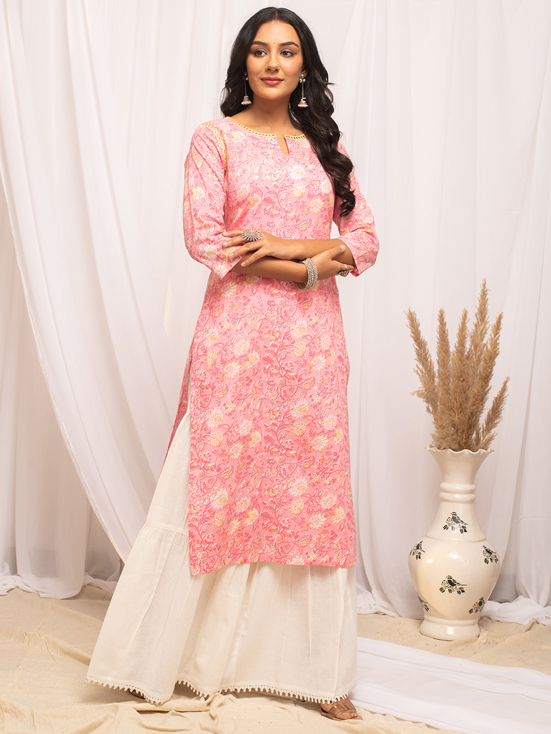 FIORRA Women's Floral Printed Peach Cotton Straight Kurta