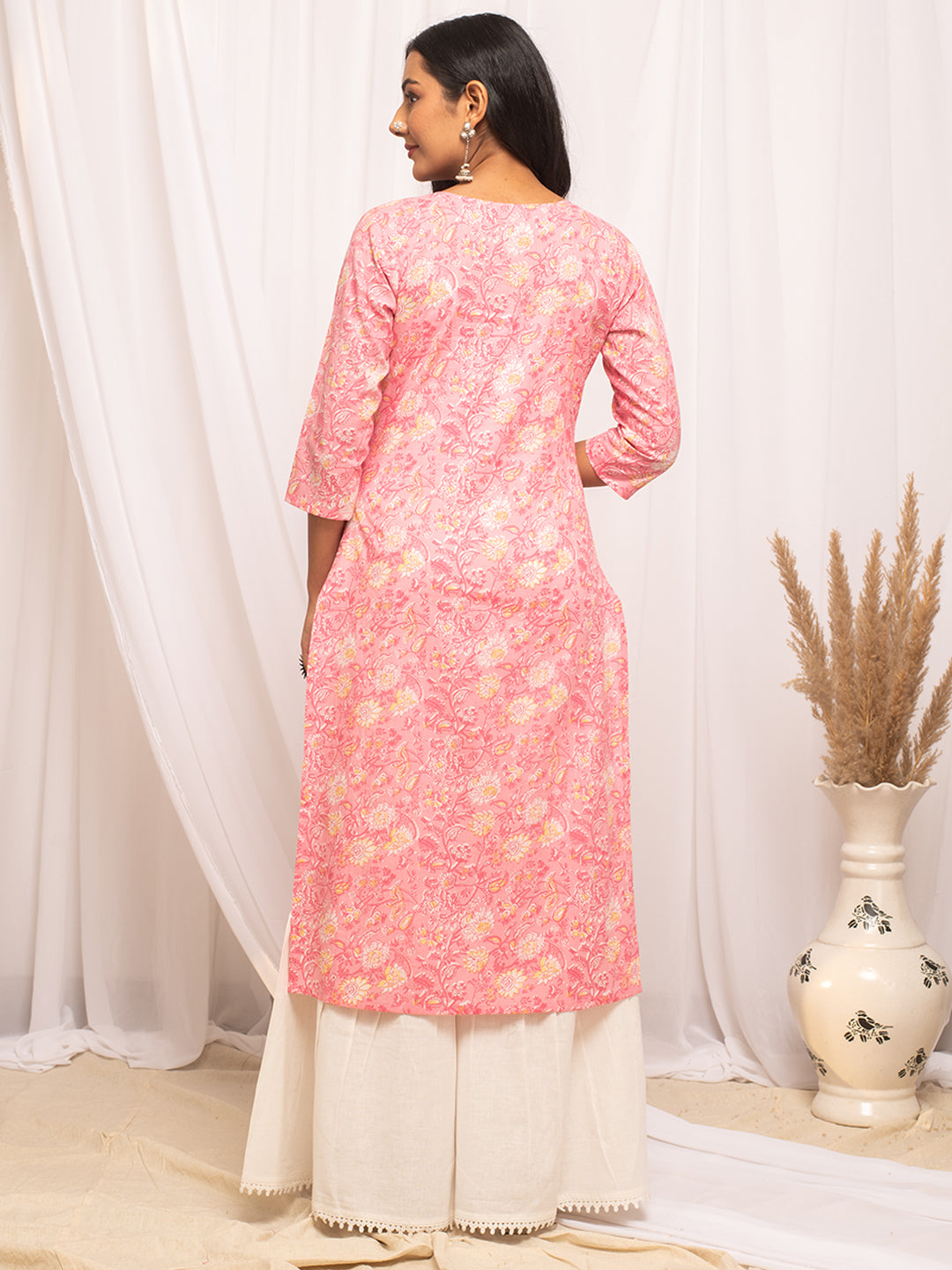 FIORRA Women's Floral Printed Peach Cotton Straight Kurta