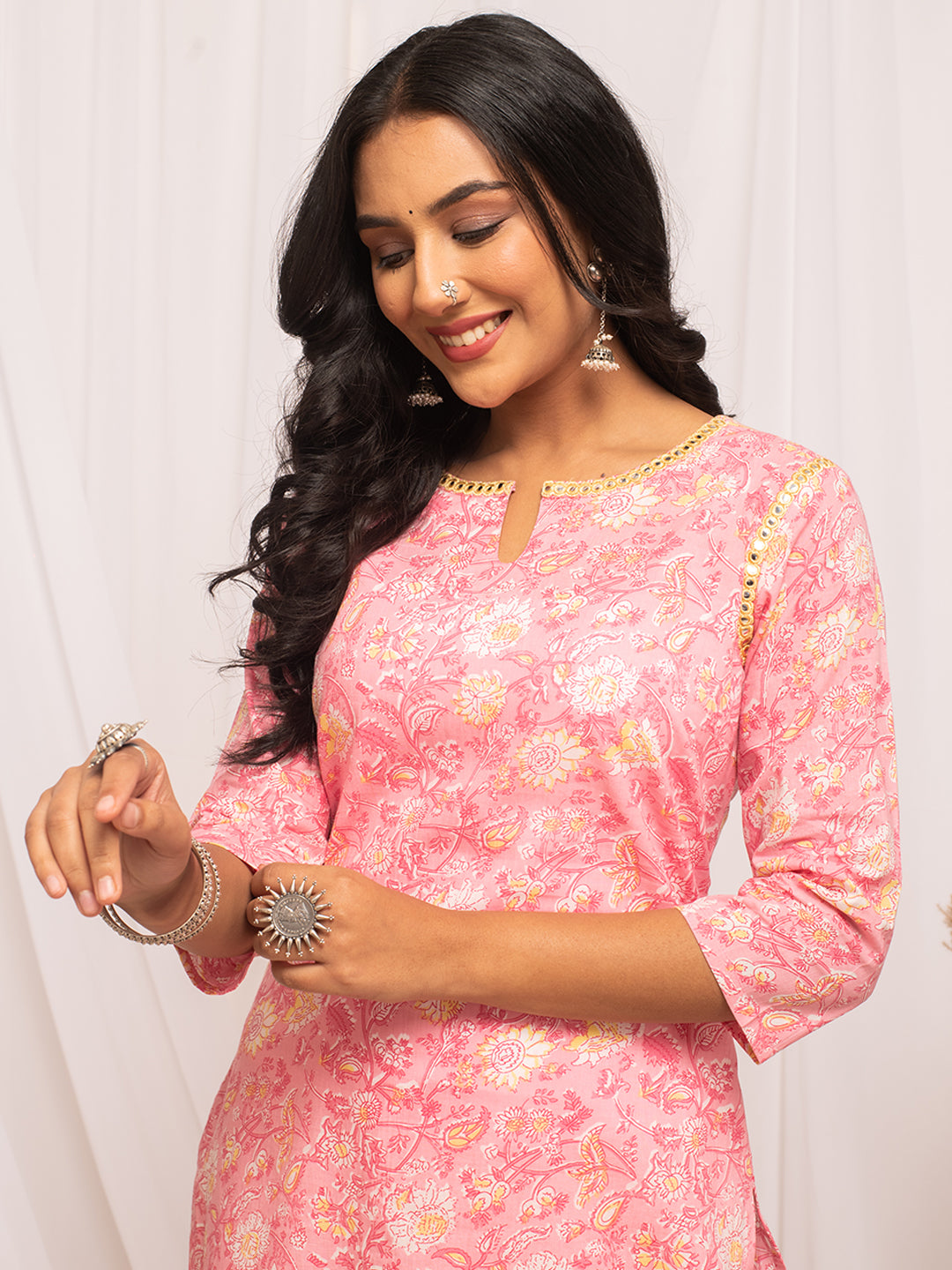 FIORRA Women's Floral Printed Peach Cotton Straight Kurta