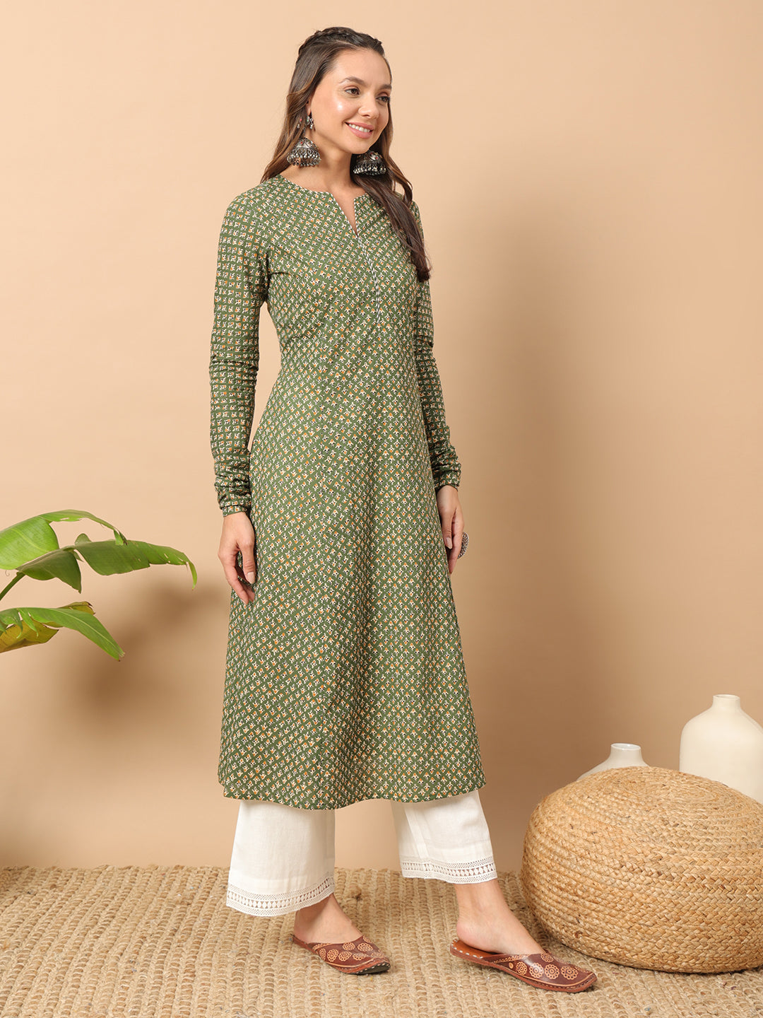 FIORRA Women's Floral Printed Green Cotton A-Line Kurta
