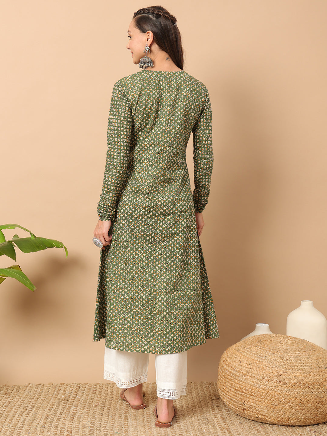 FIORRA Women's Floral Printed Green Cotton A-Line Kurta
