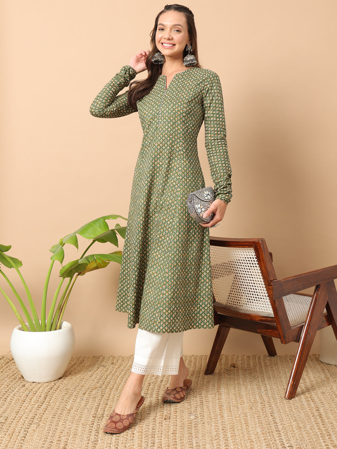 FIORRA Women's Floral Printed Green Cotton A-Line Kurta