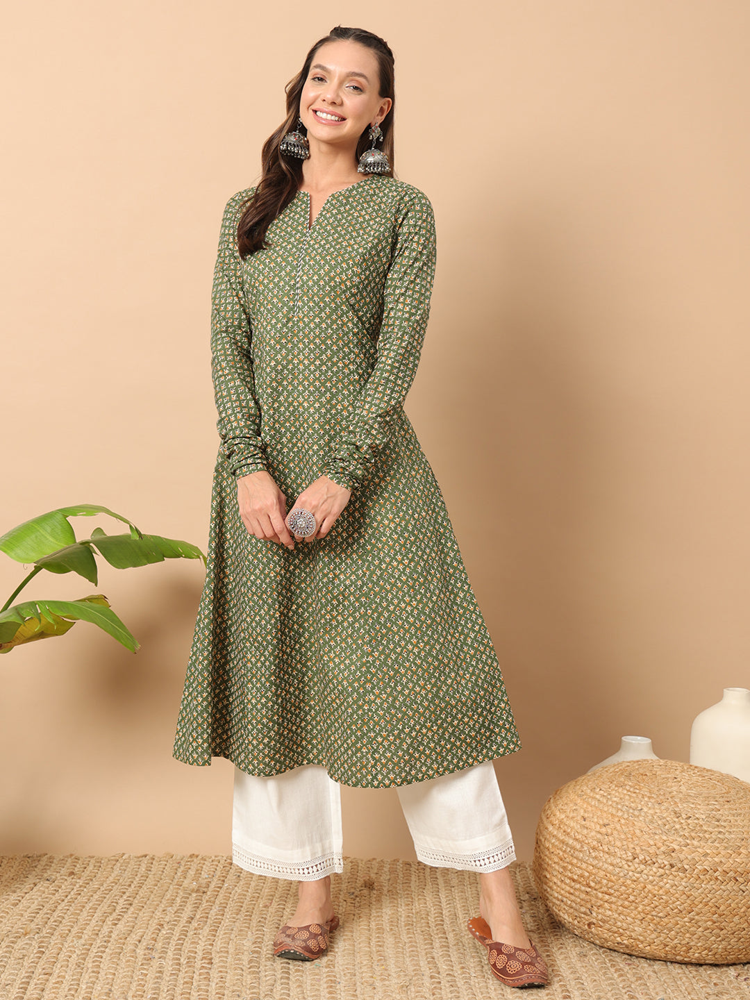FIORRA Women's Floral Printed Green Cotton A-Line Kurta