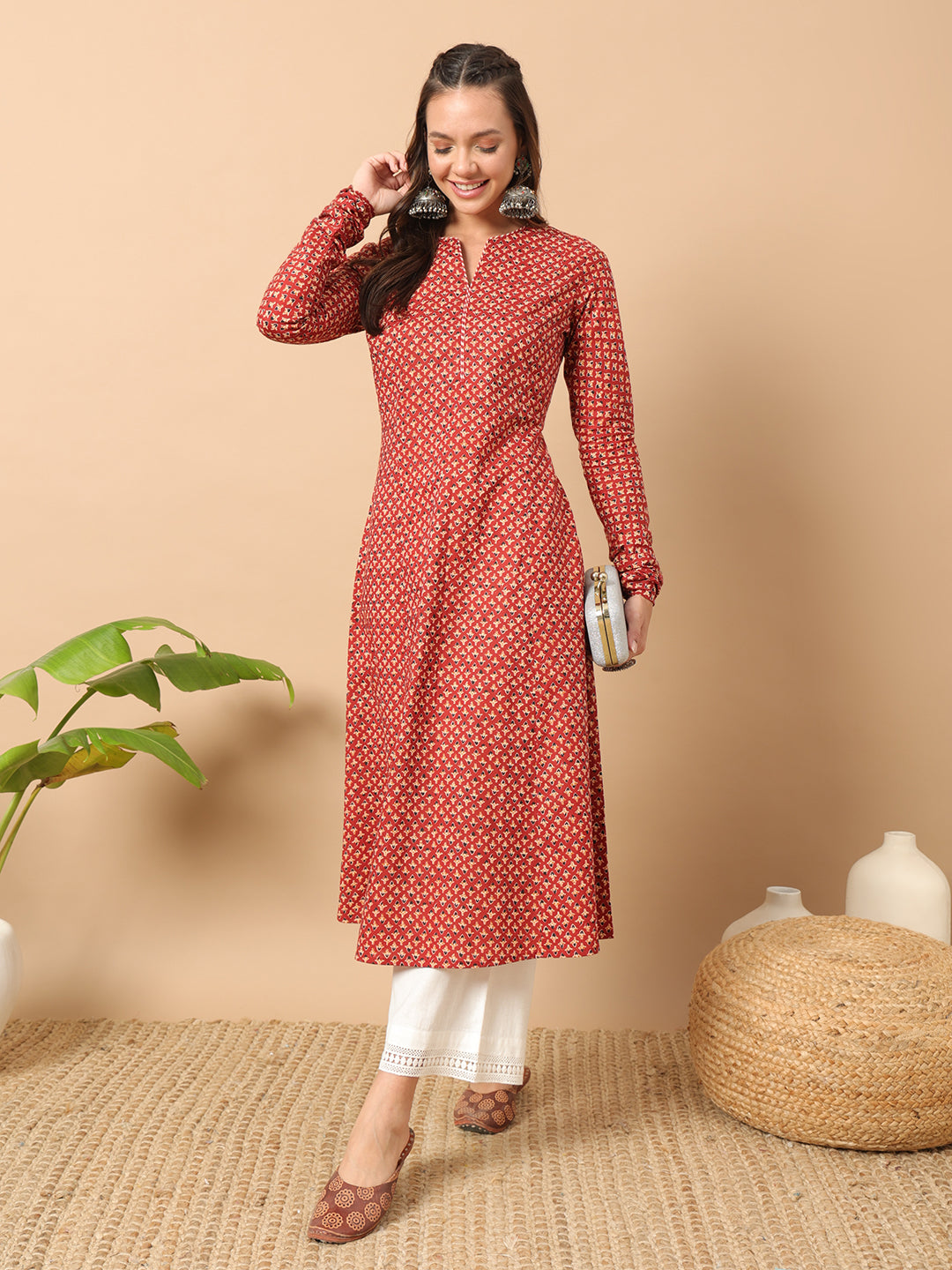 FIORRA Women's Floral Printed Red Cotton A-Line Kurta