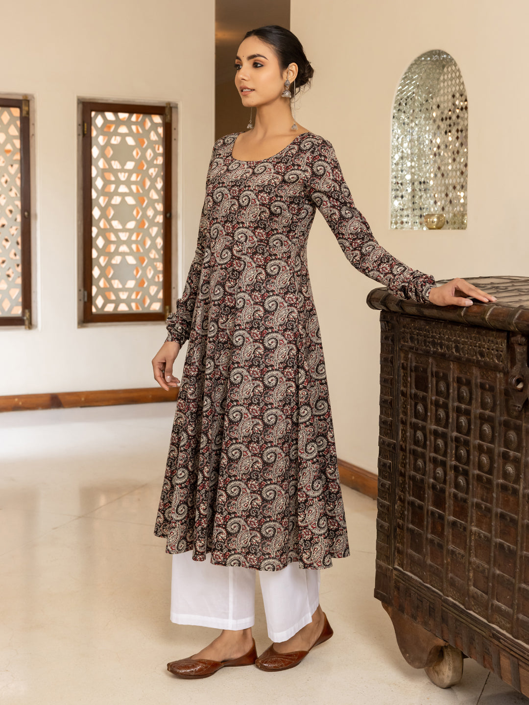 FIORRA Women's Brown Paisley Printed Cotton Anarkali Kurta