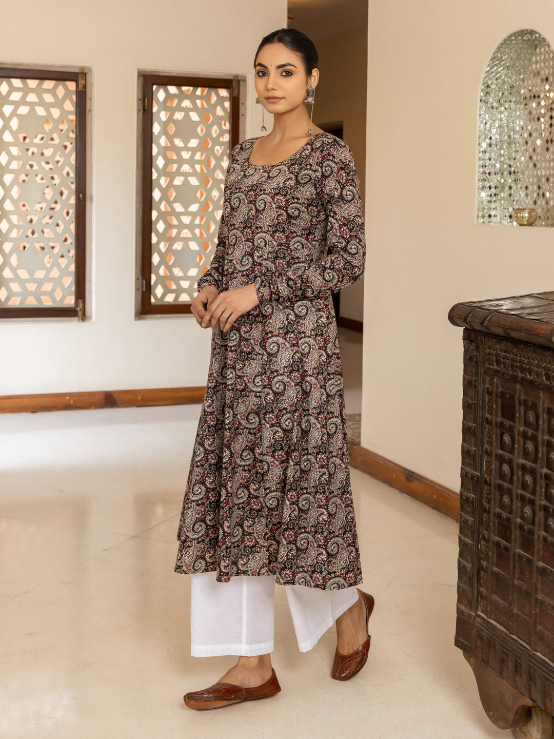 FIORRA Women's Brown Paisley Printed Cotton Anarkali Kurta