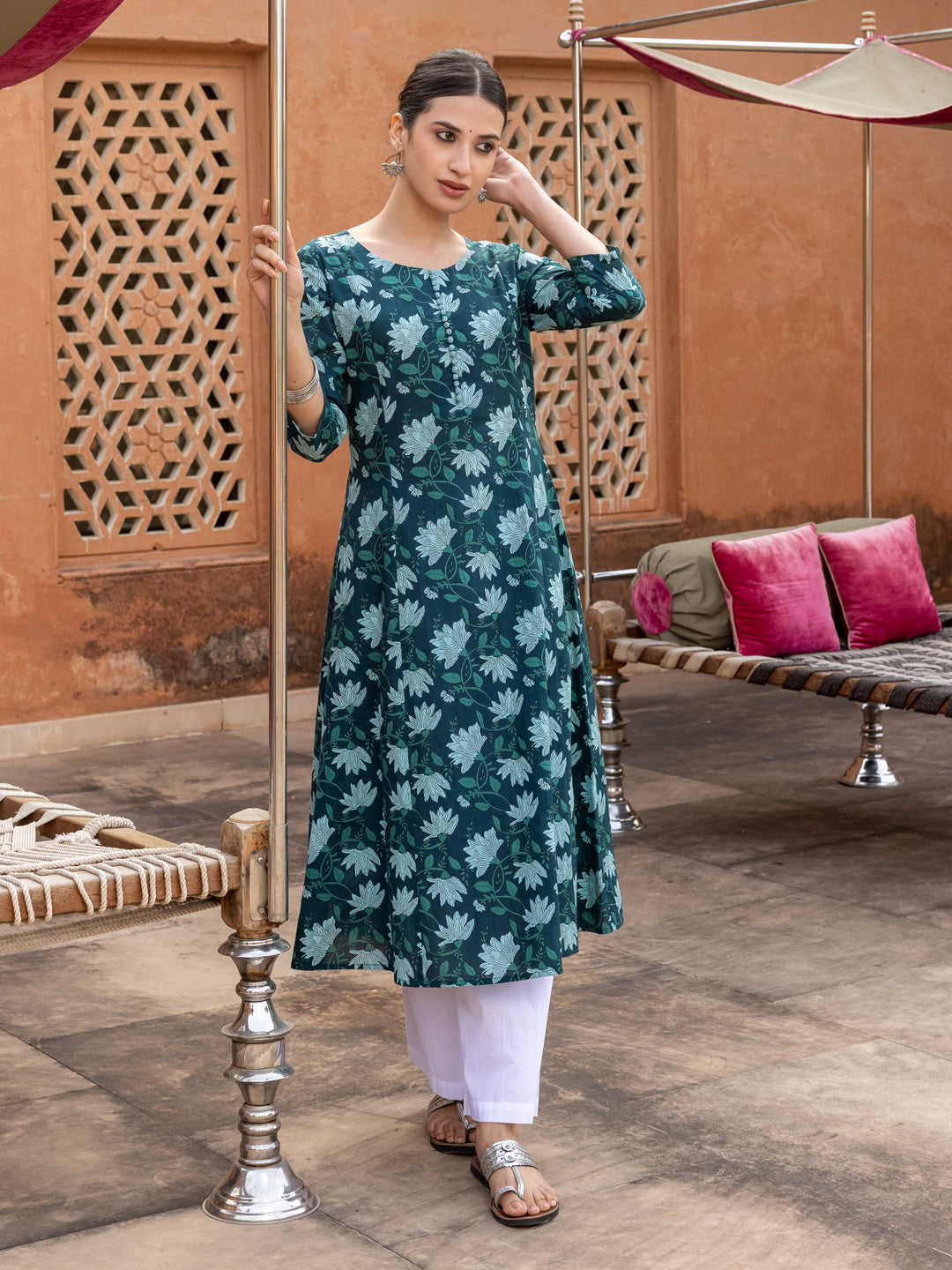 FIORRA Women's Teal Floral Printed Cotton Flared Kurta