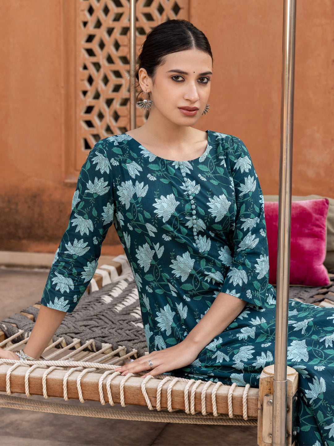 FIORRA Women's Teal Floral Printed Cotton Flared Kurta