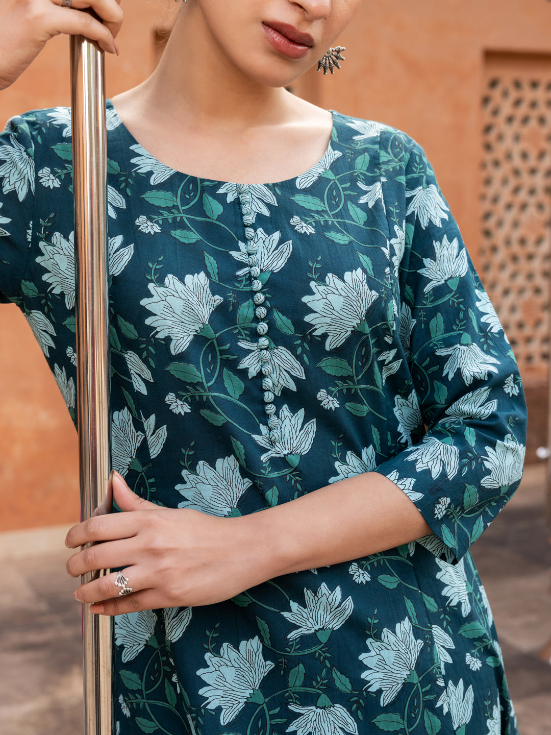 FIORRA Women's Teal Floral Printed Cotton Flared Kurta