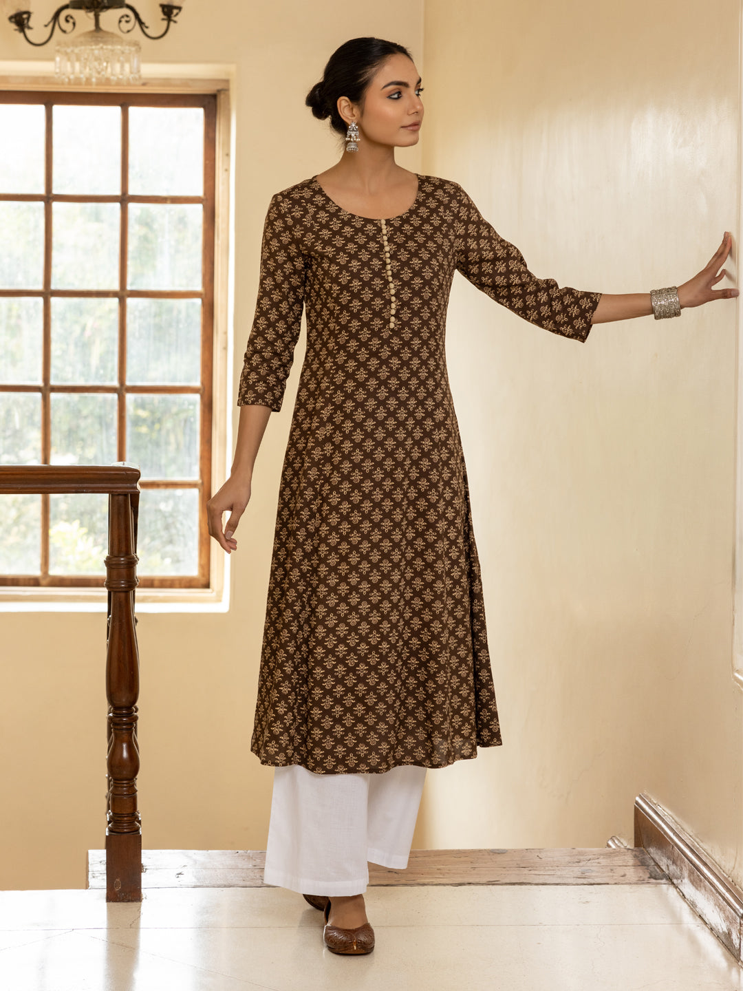 FIORRA Women's Brown Floral Printed Cotton Flared Kurta