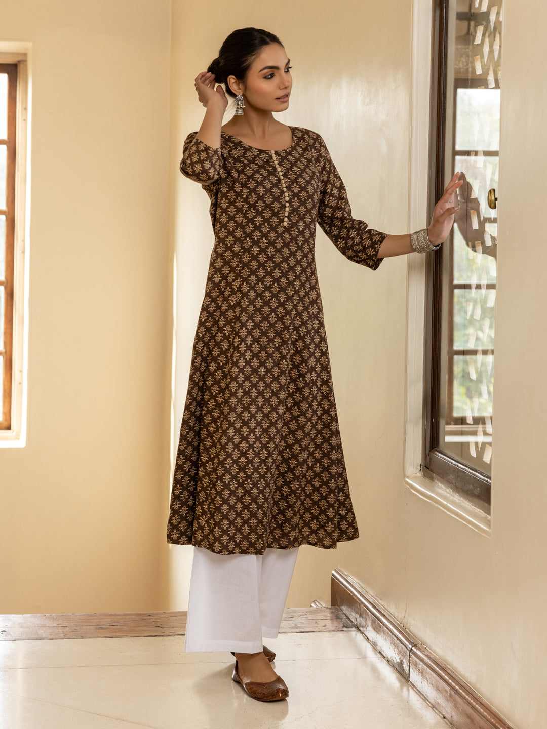 FIORRA Women's Brown Floral Printed Cotton Flared Kurta
