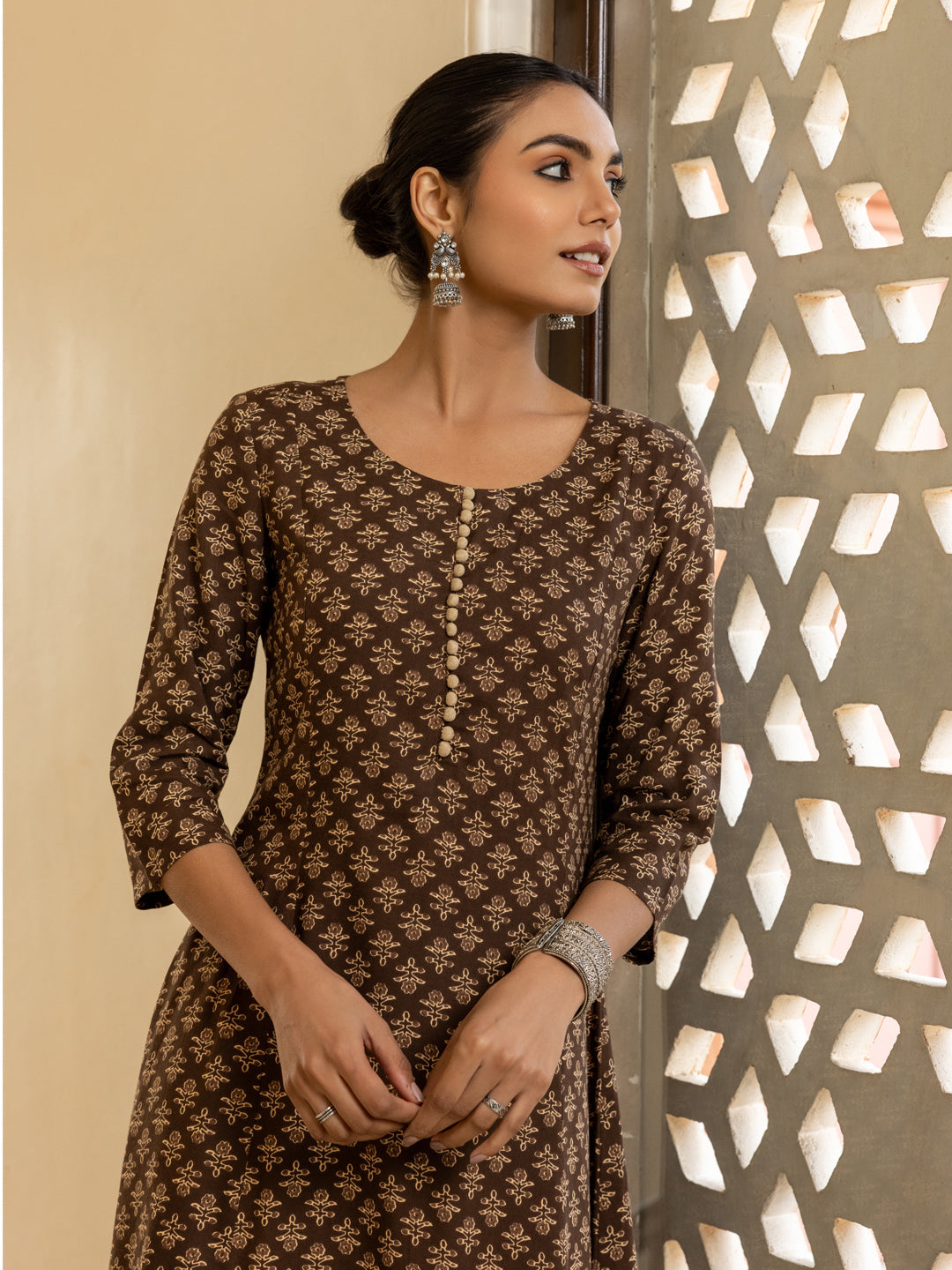 FIORRA Women's Brown Floral Printed Cotton Flared Kurta