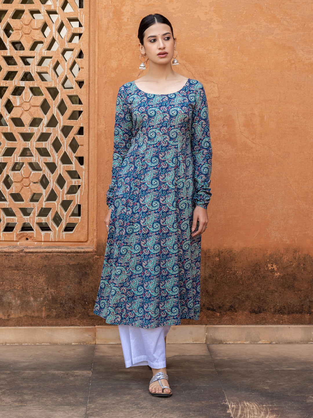 FIORRA Women's Blue Paisley Printed Cotton Anarkali Kurta