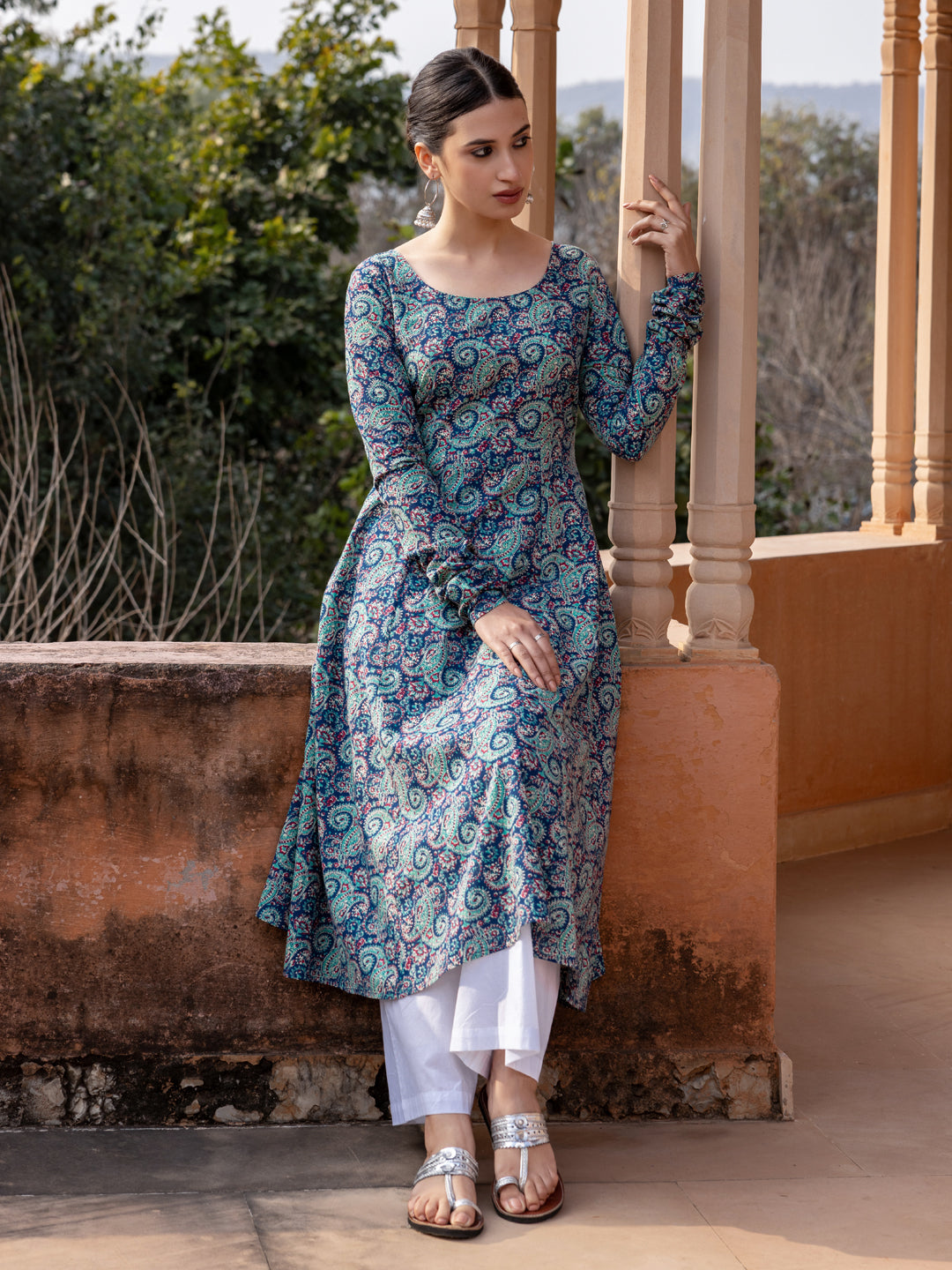 FIORRA Women's Blue Paisley Printed Cotton Anarkali Kurta