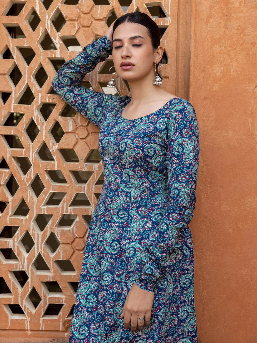 FIORRA Women's Blue Paisley Printed Cotton Anarkali Kurta