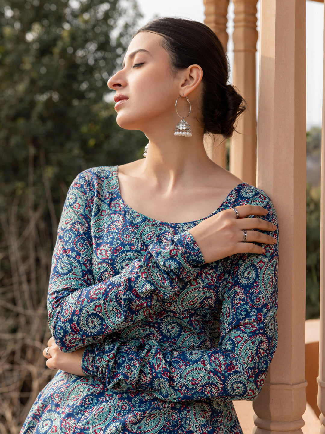 FIORRA Women's Blue Paisley Printed Cotton Anarkali Kurta