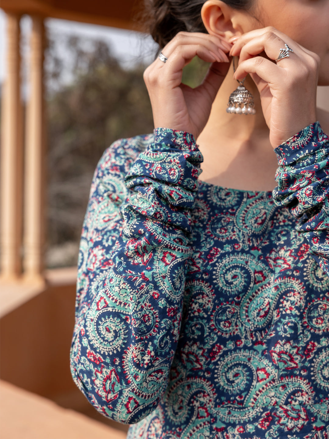 FIORRA Women's Blue Paisley Printed Cotton Anarkali Kurta