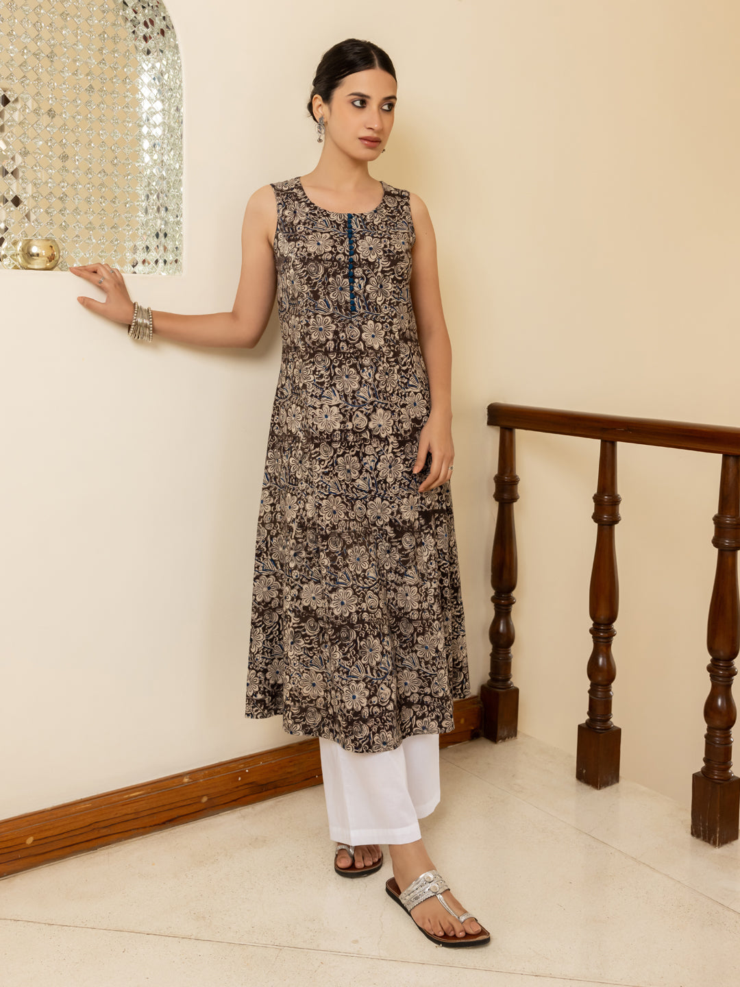 FIORRA Women's Brown Floral Printed Cotton Flared Kurta