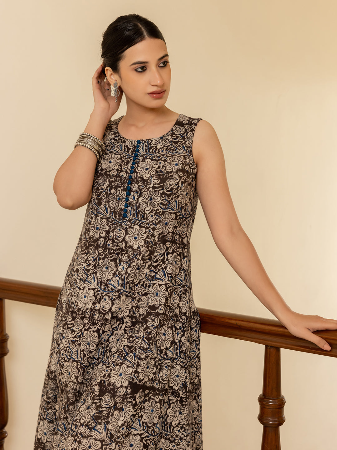 FIORRA Women's Brown Floral Printed Cotton Flared Kurta