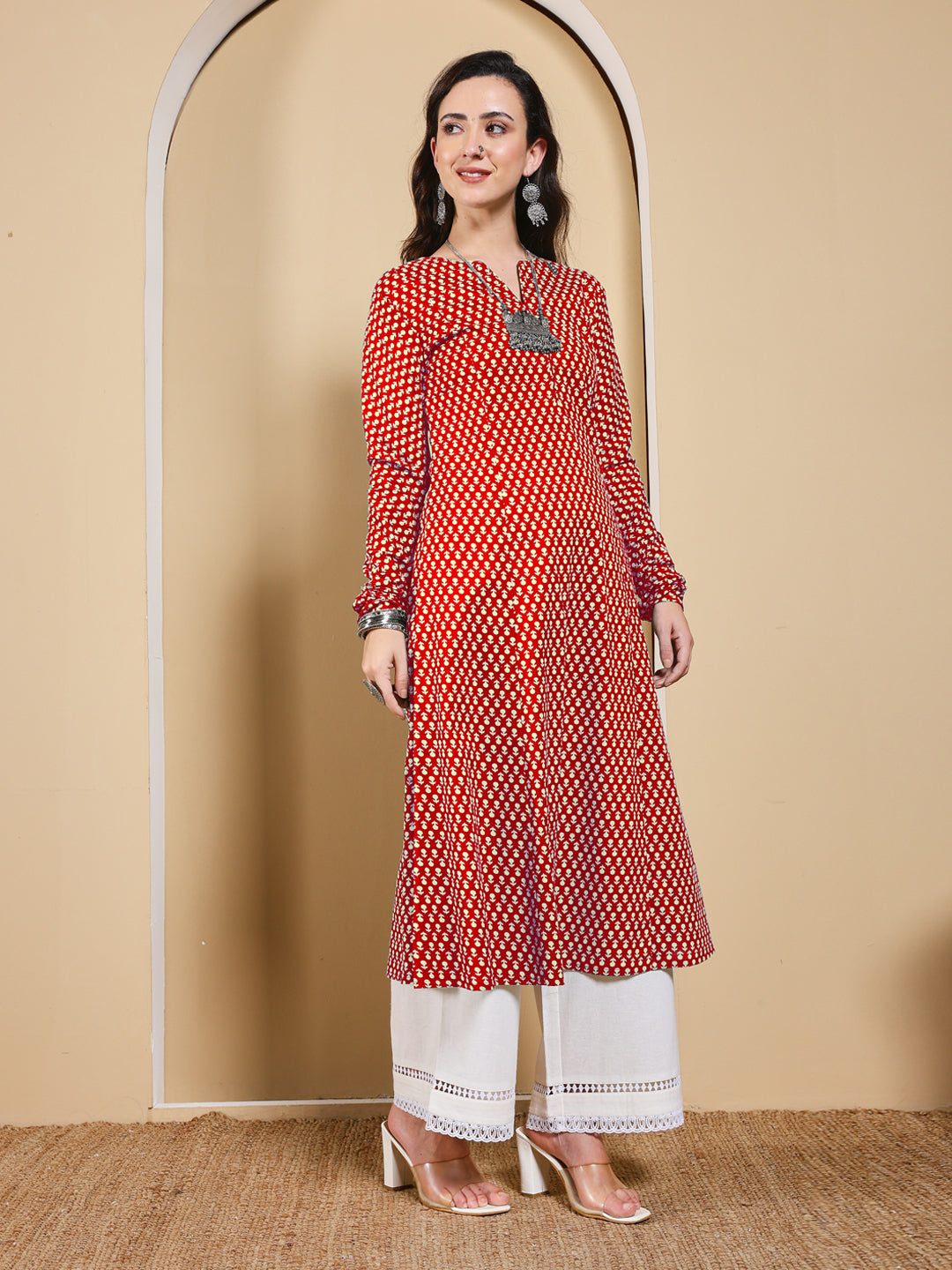 FIORRA Women’s Red Floral Printed Anarkali Kurta