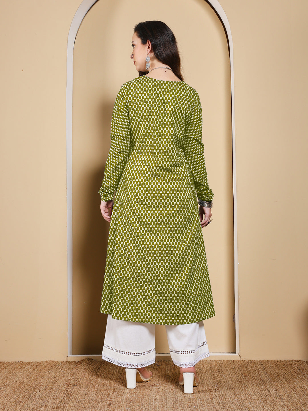 FIORRA Women’s Olive Green Floral Printed Anarkali Kurta