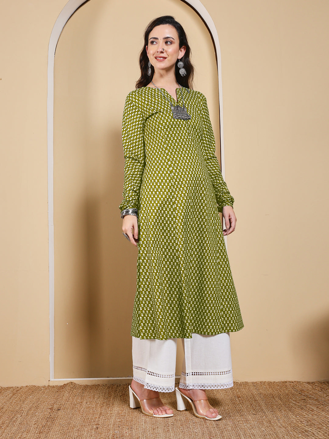 FIORRA Women’s Olive Green Floral Printed Anarkali Kurta