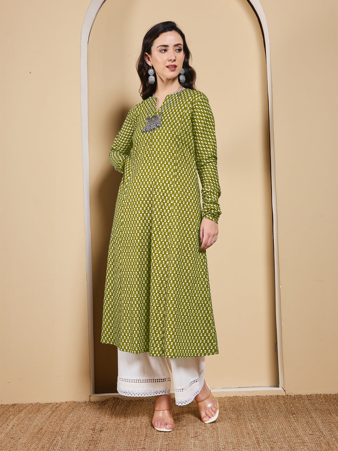 FIORRA Women’s Olive Green Floral Printed Anarkali Kurta